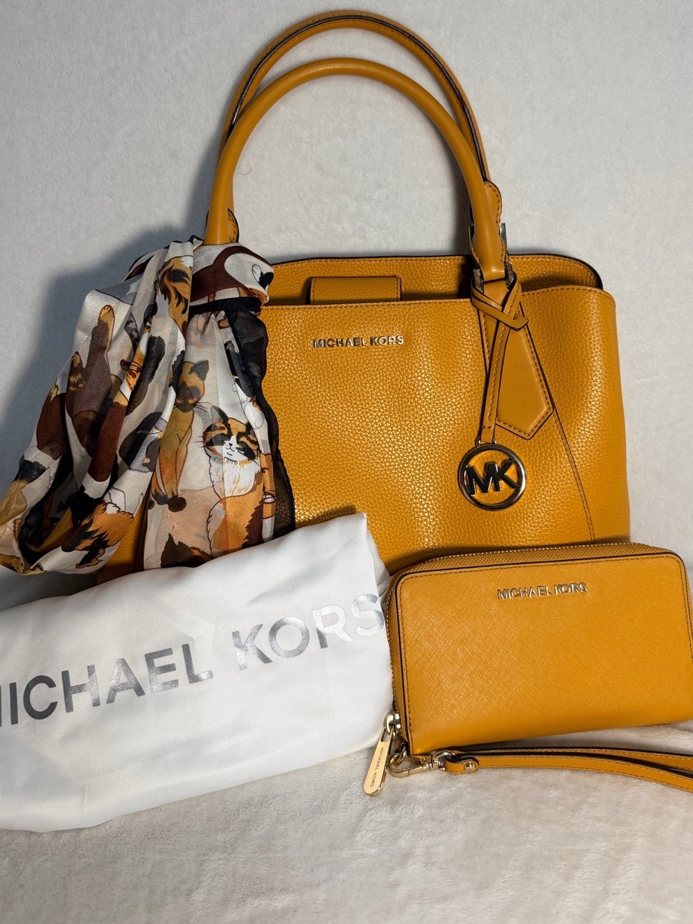 Michael Kors Mustard Yellow Leather Satchel Bag + Zip Wallet Set With Dust Bag